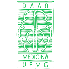 Símbolo do DAAB que é um Desenho de um cérebro com listras, na cor verde, escrito DAAB em cima e medicina UFMG embaixo.