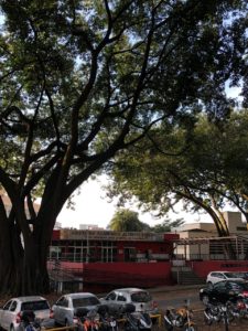 Foto que mostra a fachada do DAAB, que é um prédio vermelho com 4 portas de vidro, com uma placa acima das portas que possui o símbolo do DAAB e escrito Diretório Acadêmico Alfredo Balena na parte de cima e na parte de baixo escrito “Pela educação como prática de liberdade” e com árvores na frente. Na foto também é possível carros e motos no estacionamento logo à frente do prédio.