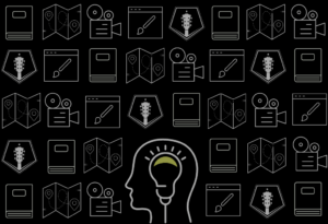 Imagem de um cérebro com uma lampada dentro rodeado de varios simbolos de arte como vioão, camara, pincel, livro, mapa, etc