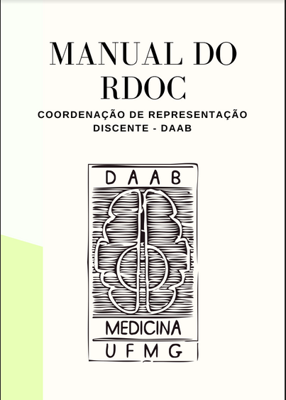 Foto da capa do Manual do RDOC. Na imagem está escrito Manual do RDOC Coordenação de Representação Discente - DAAB e a logo do DAAB embaixo