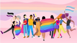 Imagem com 10 desenhos de pessoas diferentes. Nela, vê-se diversidade de cor e gêneros. A bandeira do movimento LGBTQIA+ também aparece na imagem.