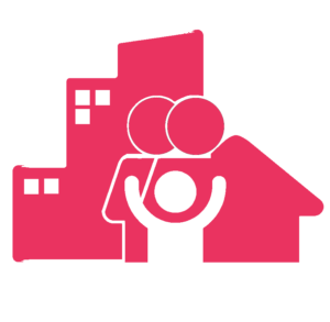 Logo de APS em rosa, na imagem há uma familia em frente a uma casa e uma unidade de saude