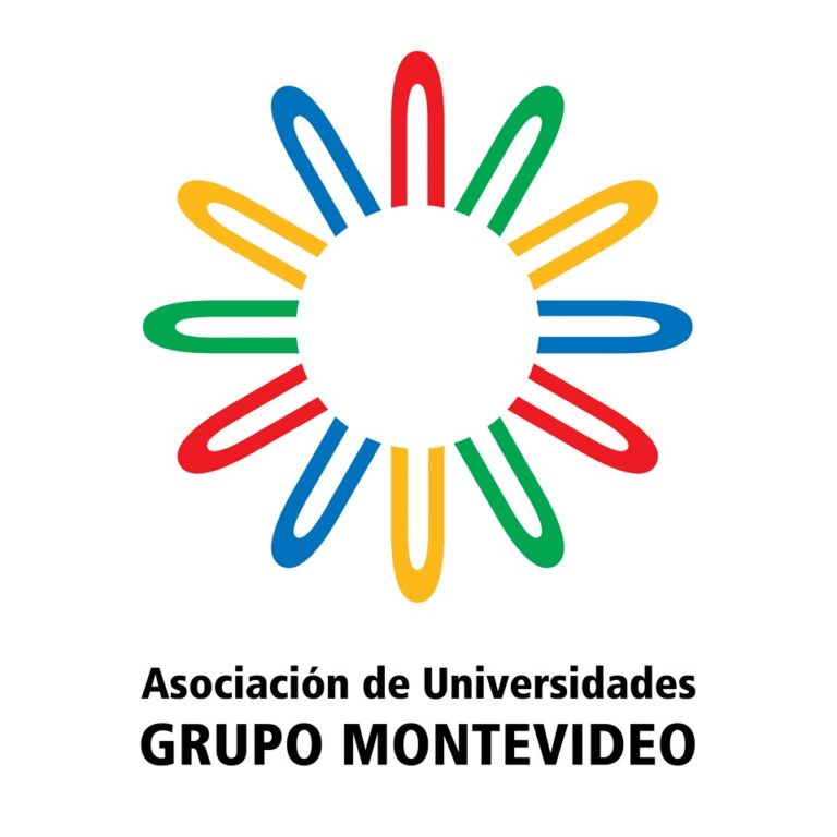 Circulo branco circundado por varios arcos coloridos com escrito embaixo Asociación de Universidades Grupo Montevideo