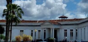 Foto da fachada do Hospital Borges da Costa, na foto um jardim na frente e o predio branco com colunas atrás