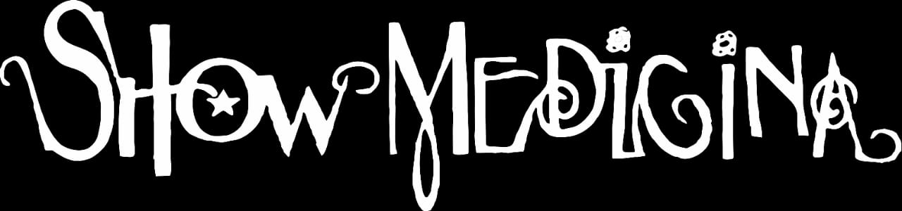 Imagem com escrito Show Medicina em branco em fundo preto, com uma estrela dentro da letra O.